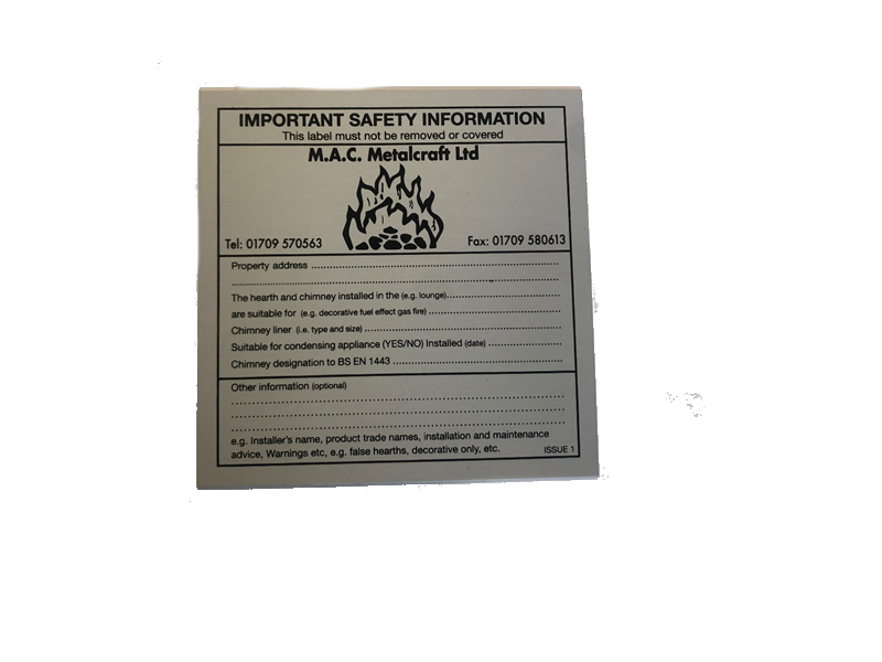 Chimney / Flue Data Plate